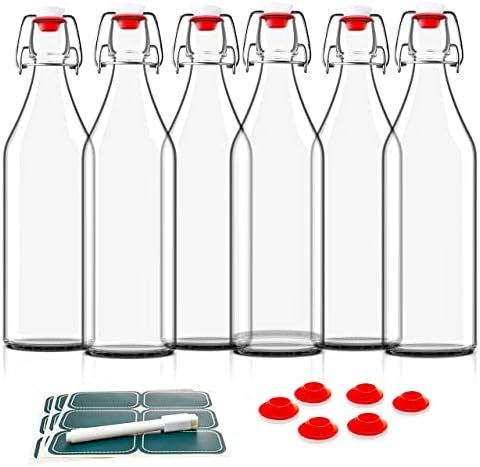 Otis Swing Top Bottles - Glass Bottle 6 Pack w/ Stoppers - Easy Cap Lids